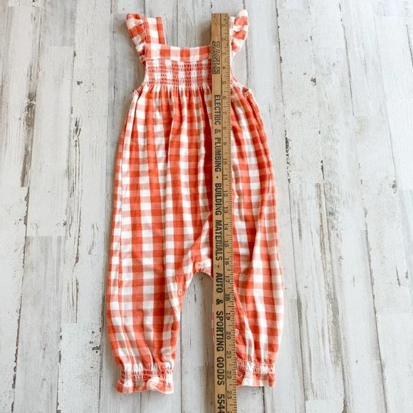 Angel Dear Harvest Pumpkin Smocked Bubble Romper Overalls Orange Gingham 6-12 mo - Picture 10 of 14